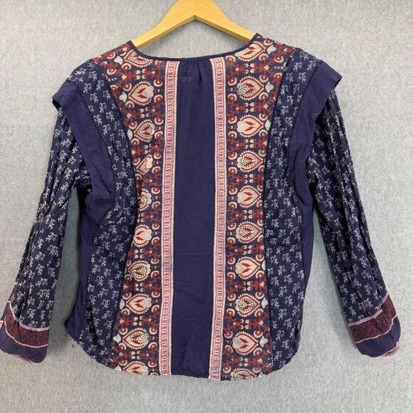 Sea New York Womens Size 4 Printed Boho Blouse Navy Blue Red Peasant India VNeck - Picture 8 of 12